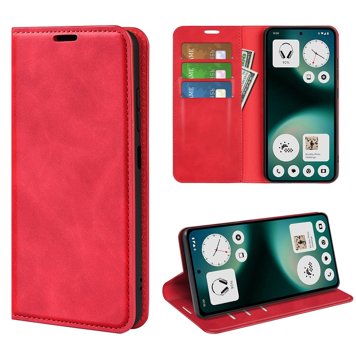 Rode telefoonhoes met kaartsleuven en open smartphone.