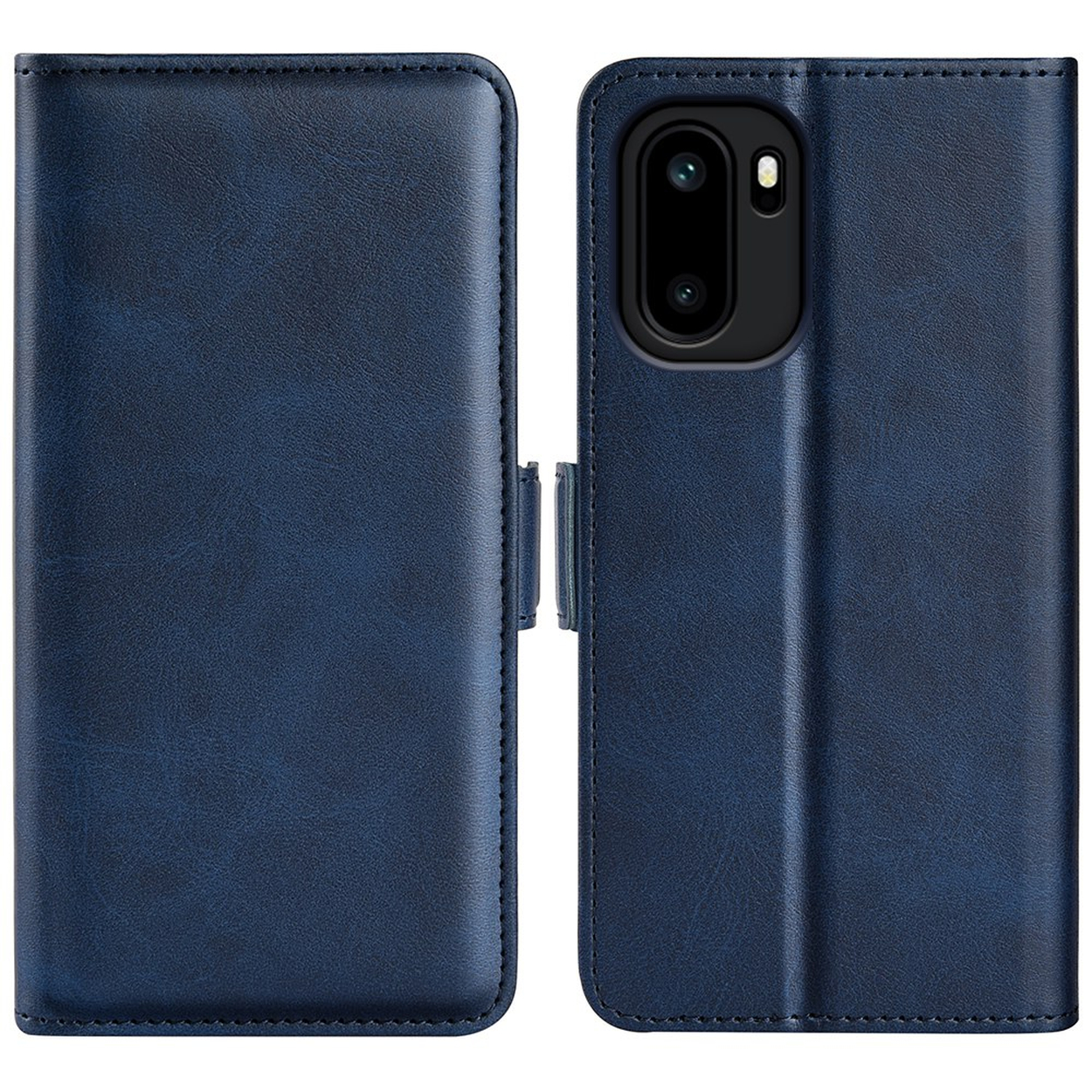 Étui de téléphone bleu foncé, montré fermé et ouvert, avec découpe caméra.