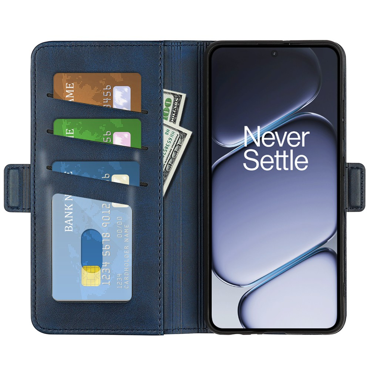 Étui portefeuille bleu avec cartes de crédit, dollars américains et smartphone affichant 'Never Settle'.
