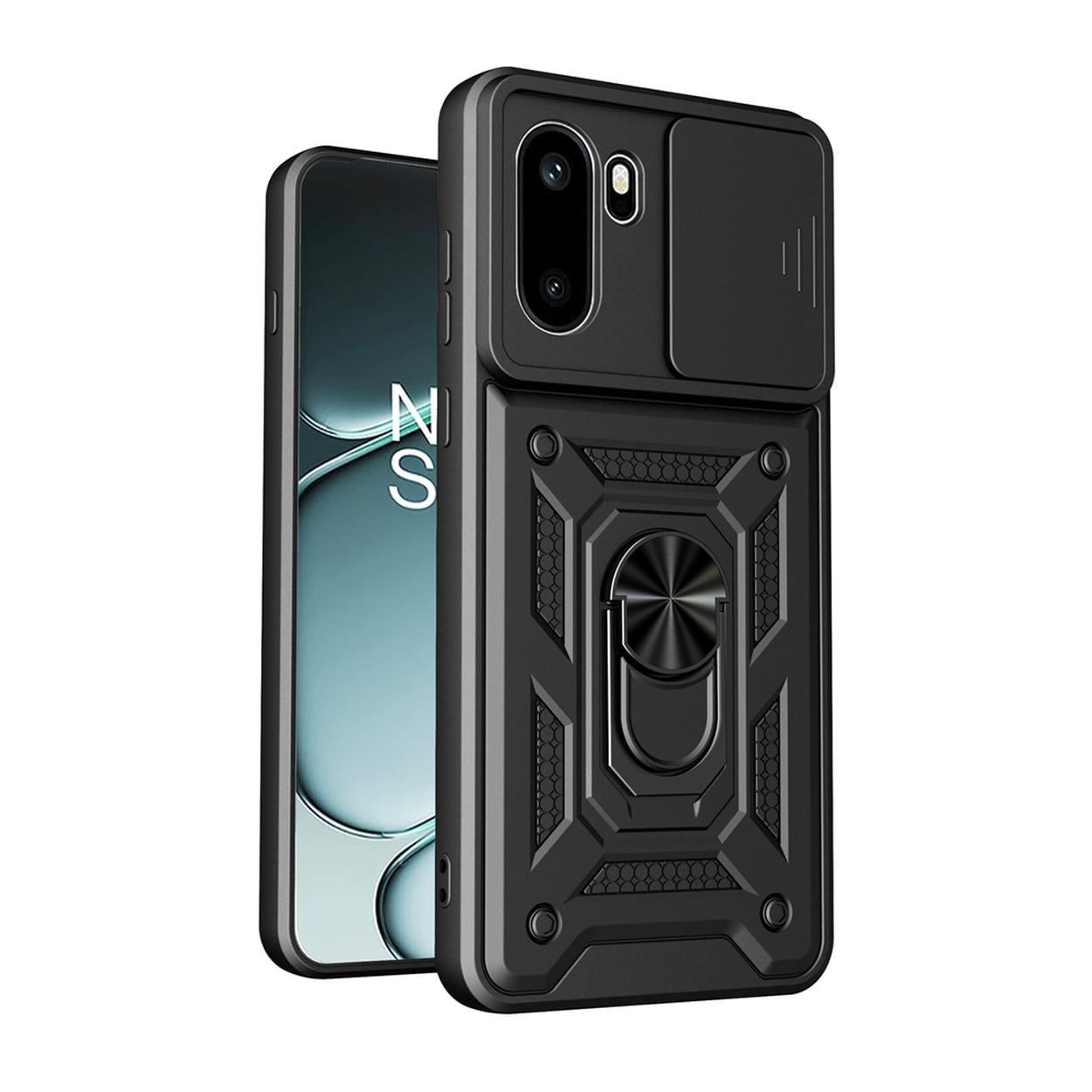 Coque de téléphone noire avec cache caméra et anneau sur un téléphone.