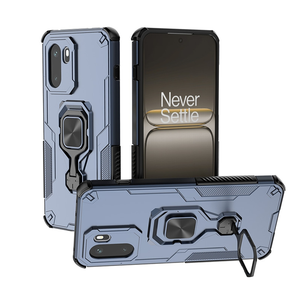 Coque de téléphone bleue avec support anneau et découpe caméra, fond blanc.