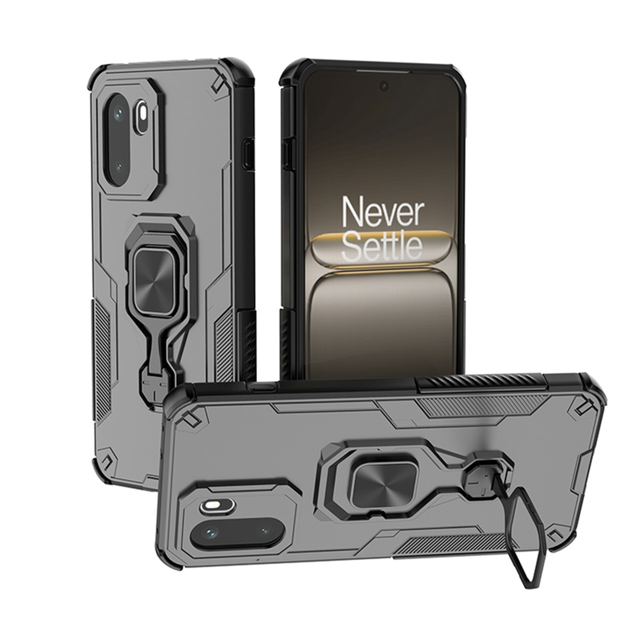 Coques de téléphone grises avec support bague et béquille.