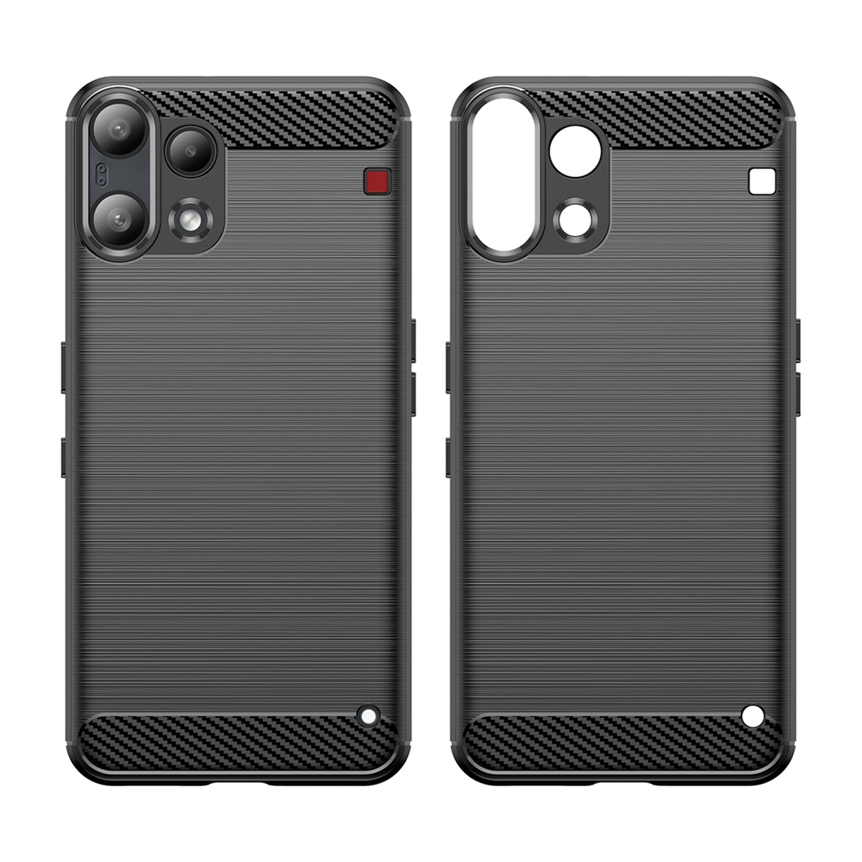 Twee donkere telefoonhoesjes met koolstofvezelaccenten en zichtbare cameralenzen.