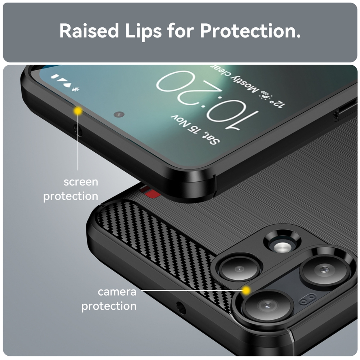 Coque de téléphone noire avec bords surélevés pour protéger l'écran et l'appareil photo.