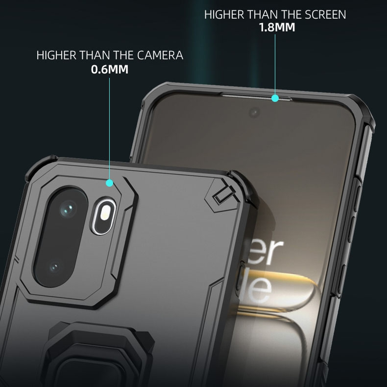 Coque de téléphone noire avec bords surélevés pour appareil photo et écran.