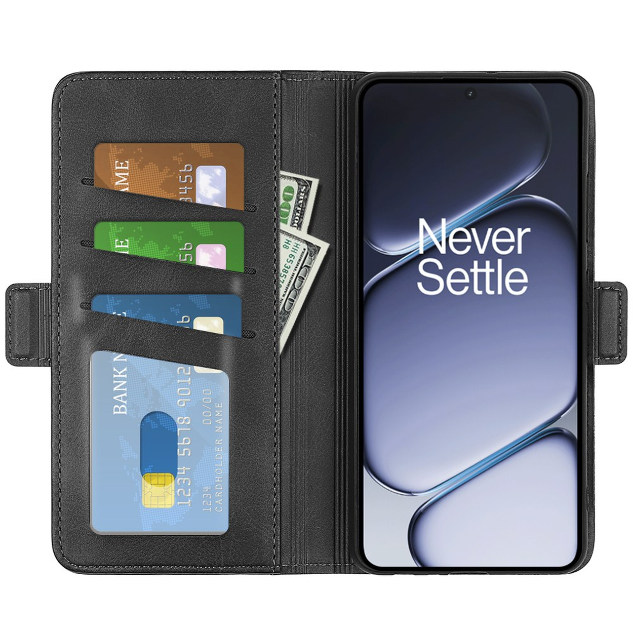 Zwarte portemonnee met telefoon, kaarten en dollarbiljetten.