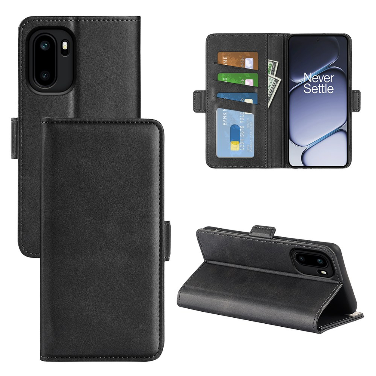Zwarte leren flipcase voor smartphone met kaarthouders en geldvak.