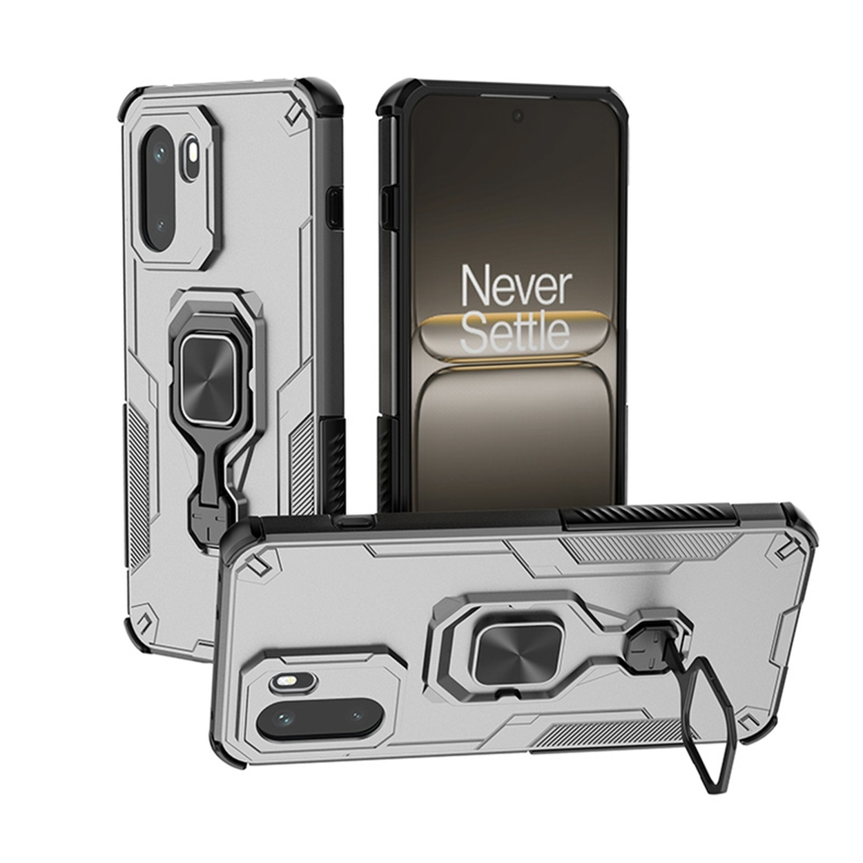 Trois coques de téléphone argentées avec supports anneau.