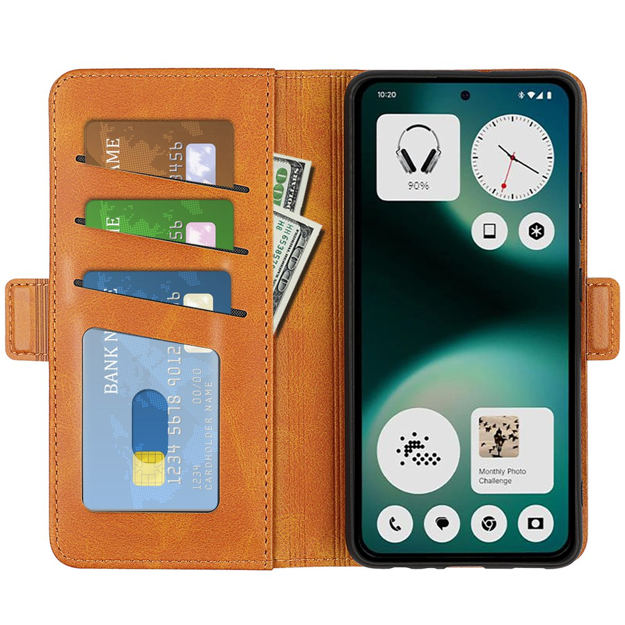 Bruine leren portemonnee-hoes met telefoon, creditcards en geld.