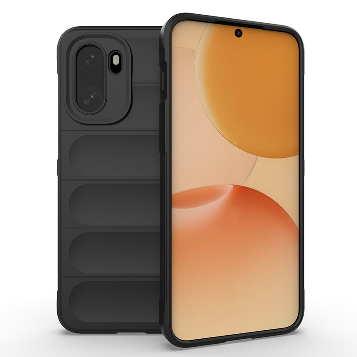 Zwarte telefoonhoes met camera-uitsparing en ribbeldesign. Een telefoon is geplaatst.
