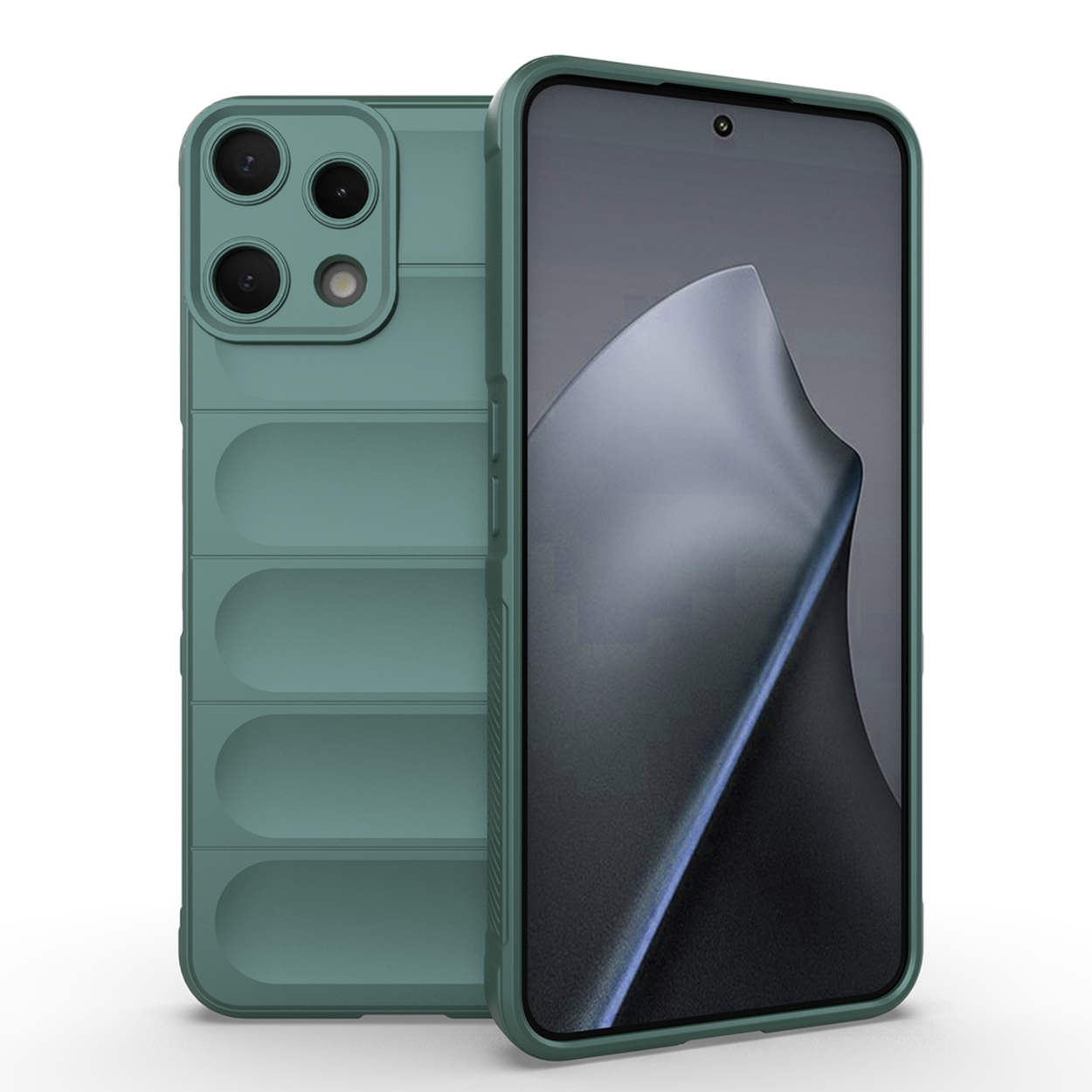 Coque de téléphone verte avec quadruple caméra et écran incurvé.