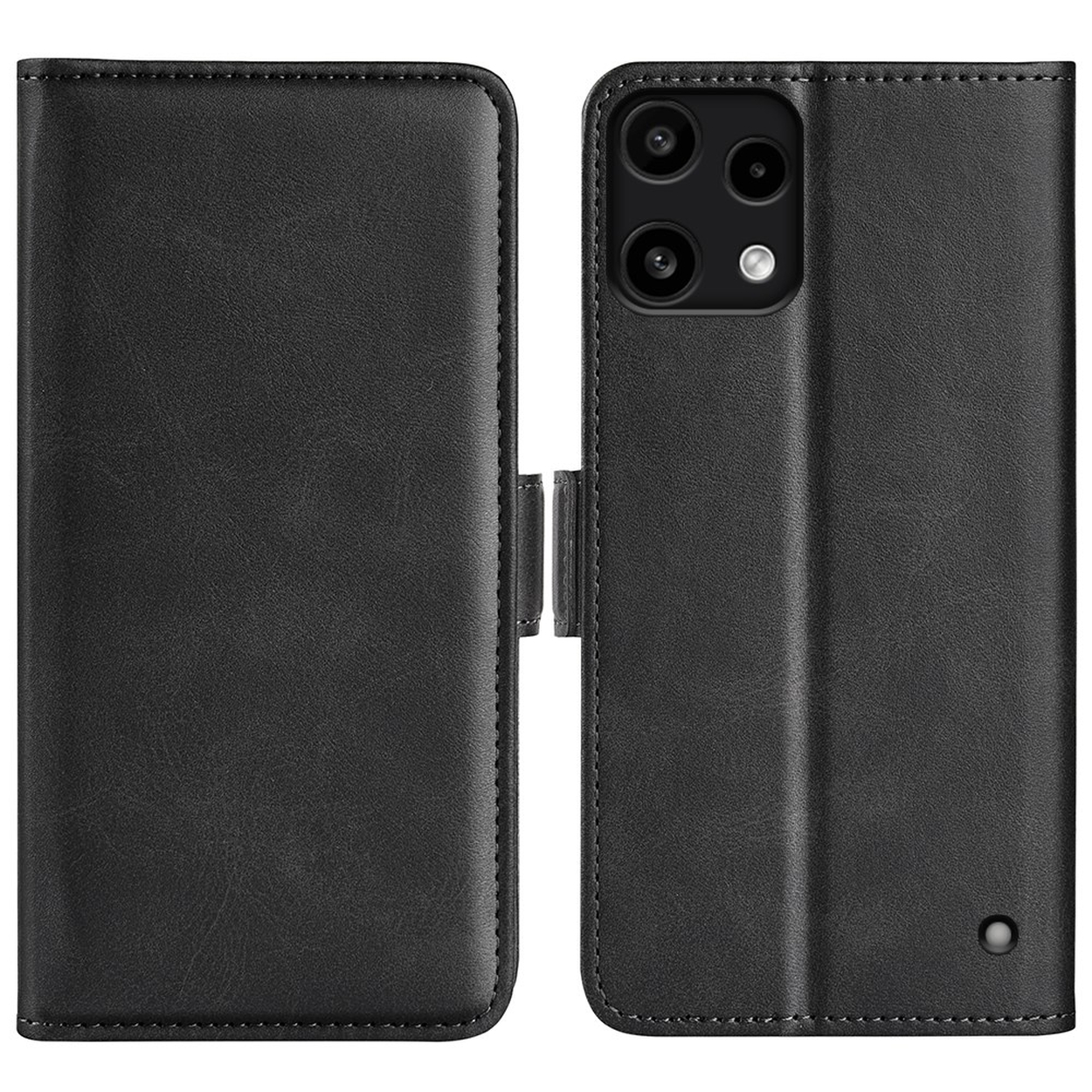 Zwarte leren flip telefoonhoes met cameramodule en sluiting.