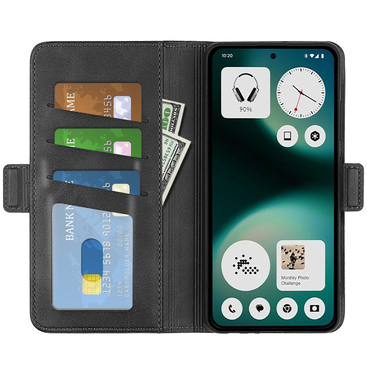 Open zwarte portemonnee met telefoon, creditcards en contant geld.