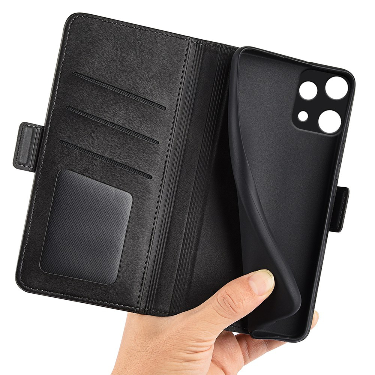 Zwarte leren flipcase met kaarthouders en open telefoonhouder.