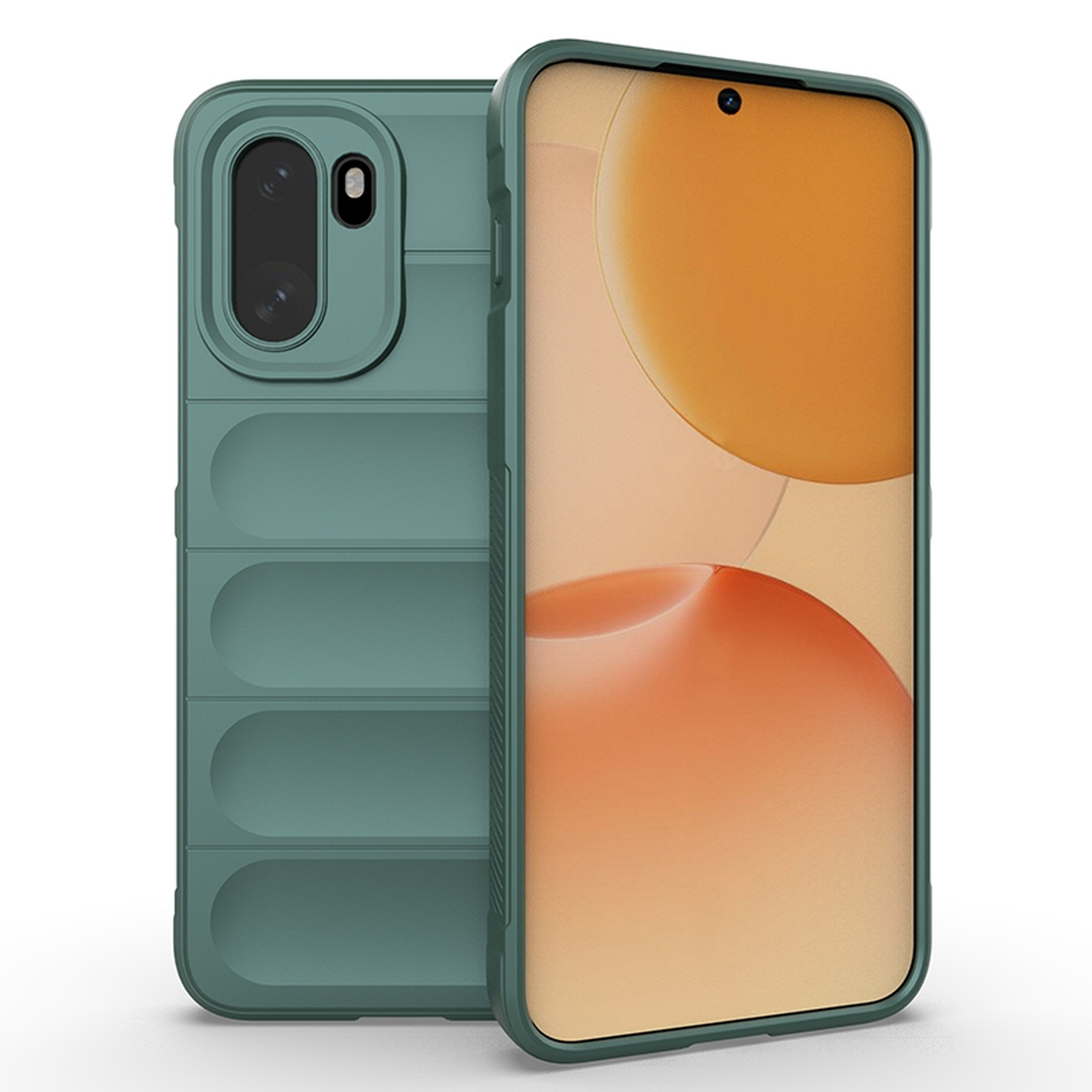 Een groene smartphone met cameramodule en abstracte achtergrond.