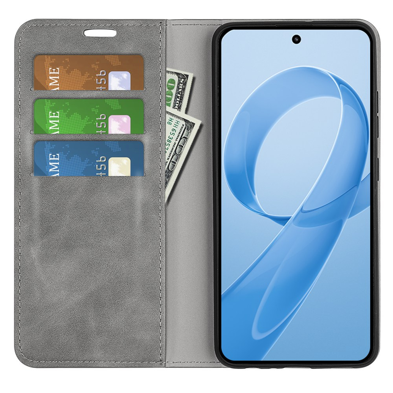 Grijze telefoonhoes met kaartsleuven, bankbiljetten en een smartphone.