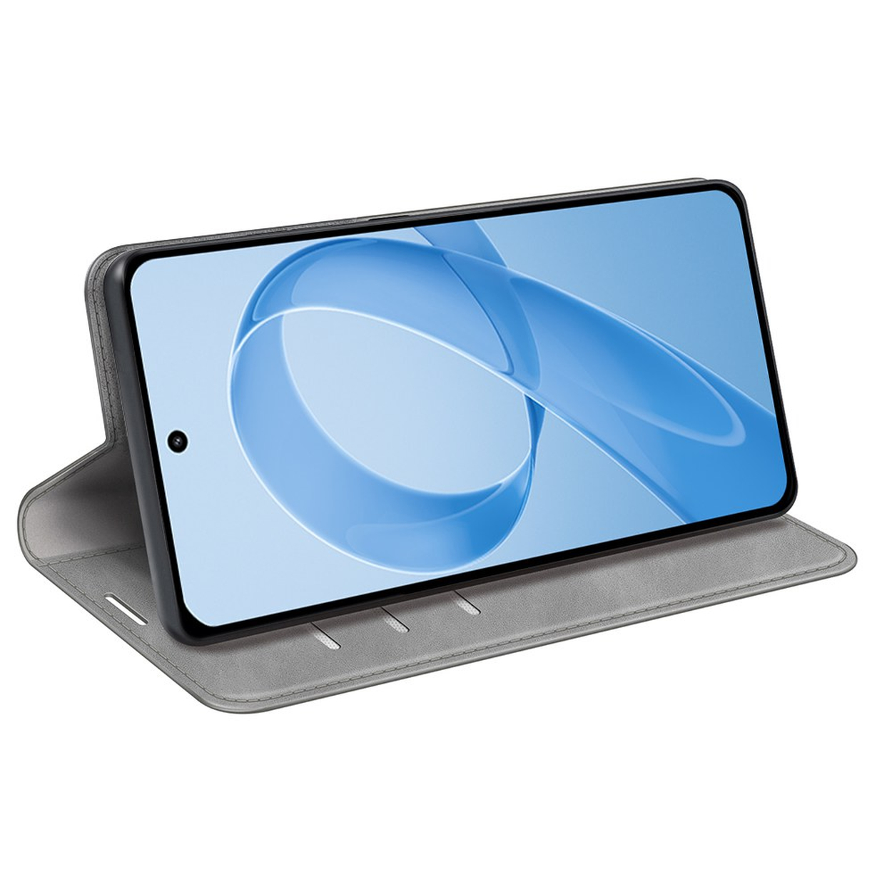 Een grijze flipcase voor smartphone met blauw abstract design.