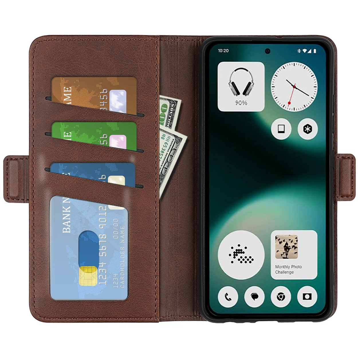 Bruine portemonnee met creditcards, bankbiljetten en telefoon.