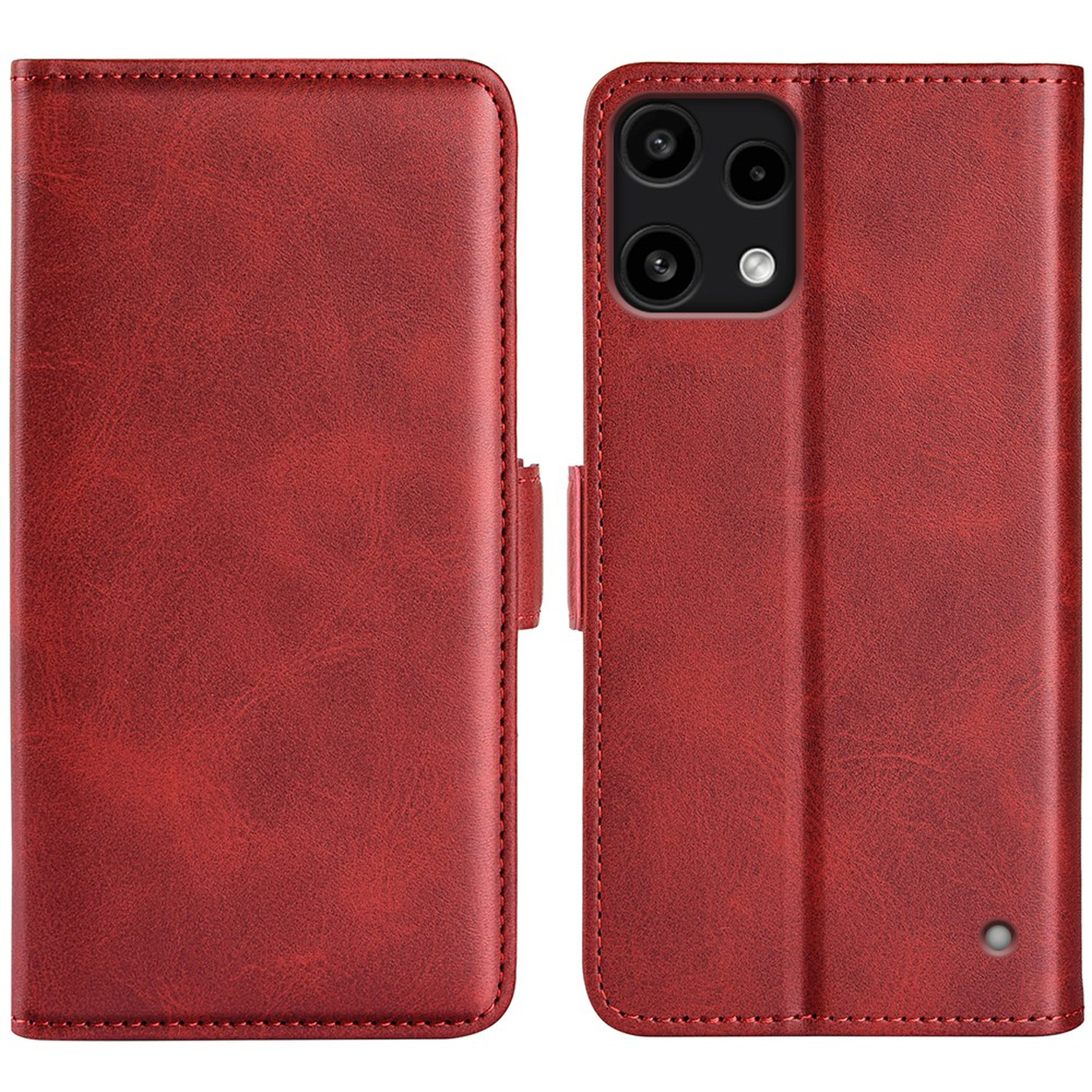 Rode leren telefoonhoes, open, met cameragat aan de rechterkant.