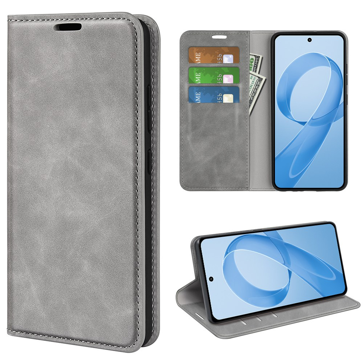 Grijze flipcase met kaarthouders en geldvak. Telefoon erin.