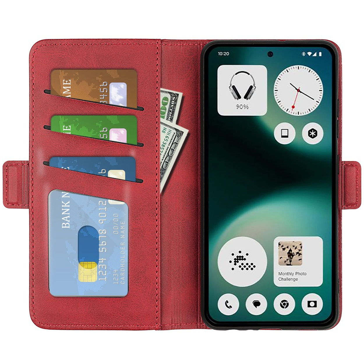 Rode portemonnee met smartphone, creditcards en contant geld.