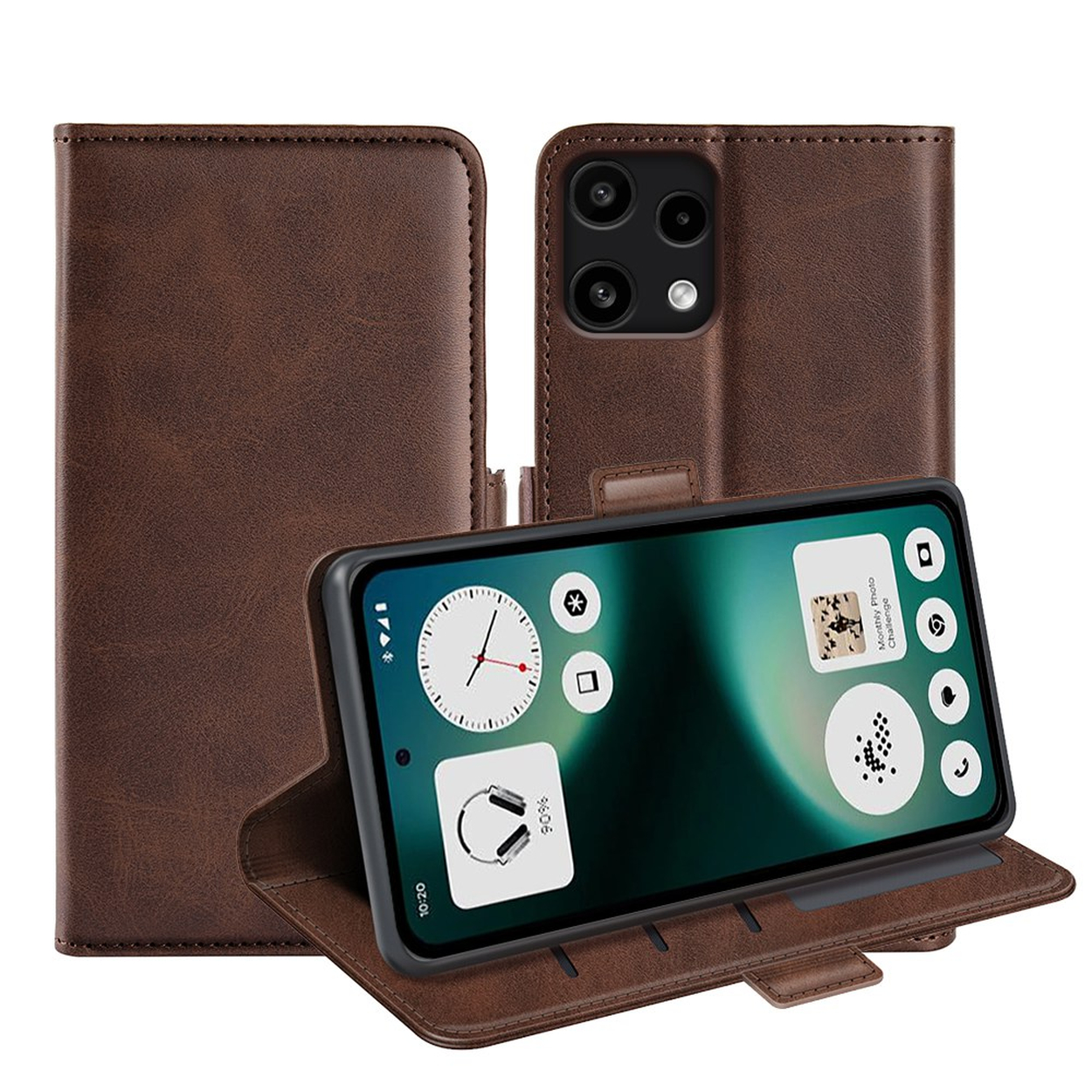 Bruine portemonneehoes voor smartphone, open met telefoon weergegeven.