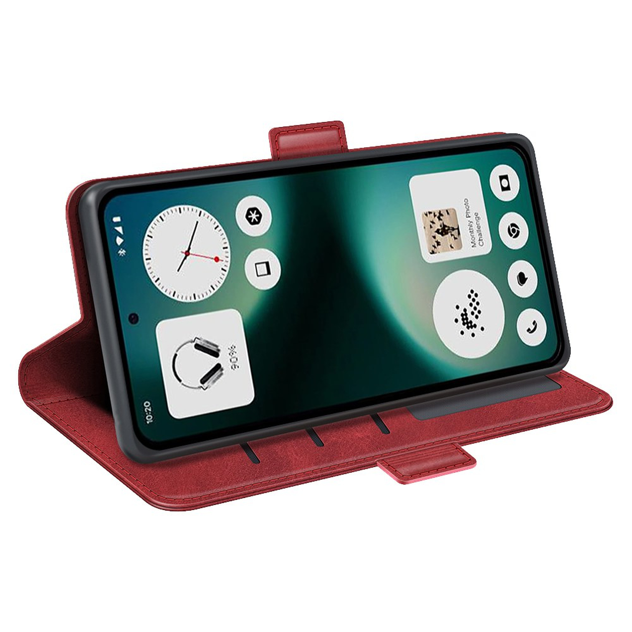 Een rood telefoonhoesje met een telefoon met een digitale klok en pictogrammen.