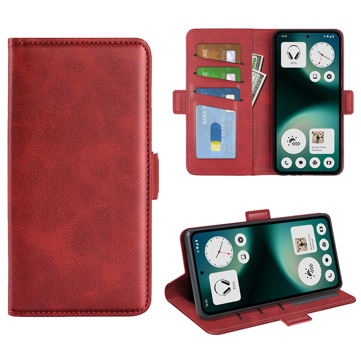 Rode leren flipcase met kaartsleuven en contant geld, met smartphone.