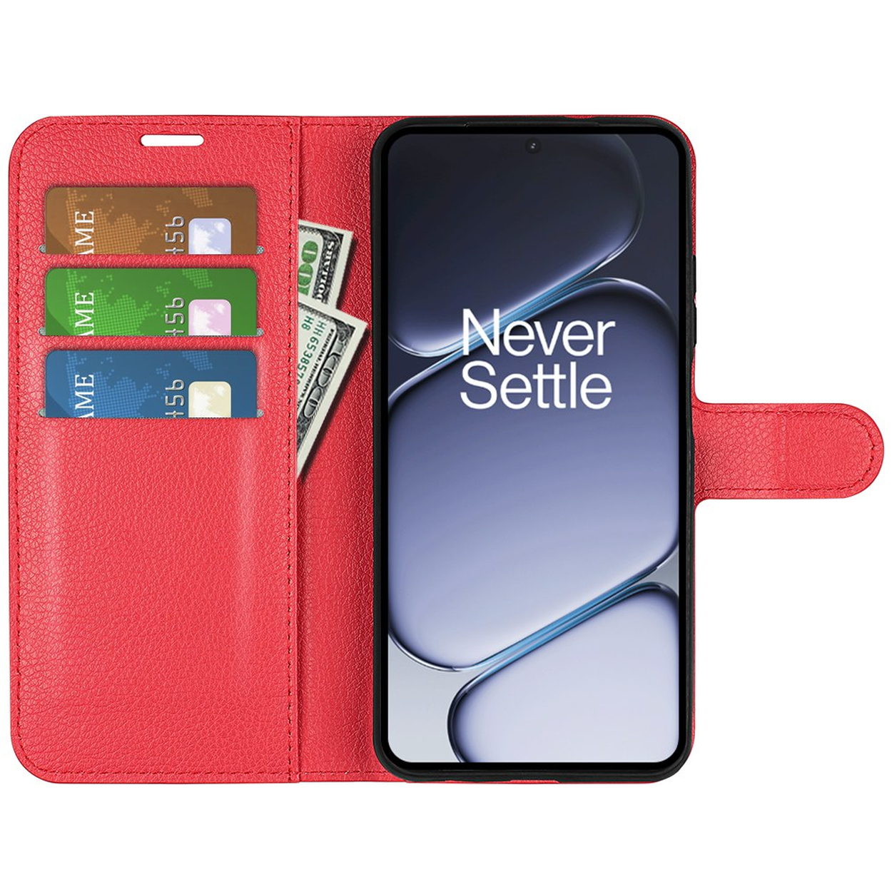 Rode portemonnee telefoonhoes met kaartsleuven en contant geld. Telefoon toont 'Never Settle'.