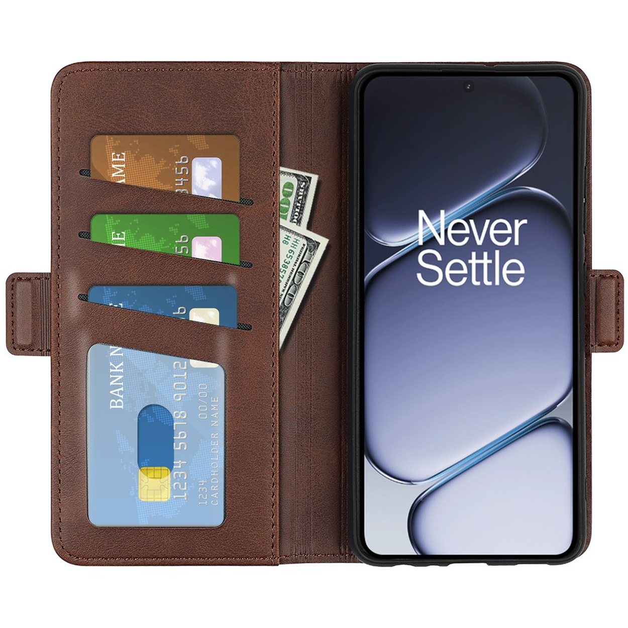 Portefeuille marron avec fentes pour cartes, argent et un smartphone.