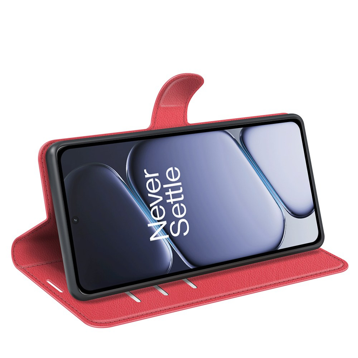 Rode flip telefoonhoes met smartphone-display waarop 'Never Settle' staat.
