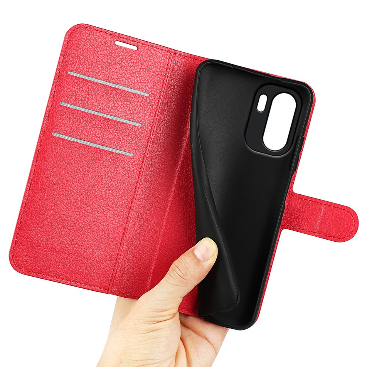 Rode leren portemonnee telefoonhoes met zwarte binnenhouder. Hand houdt open hoes vast.