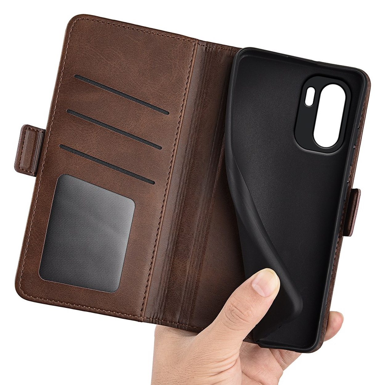 Étui de téléphone en cuir marron avec fentes pour cartes et support intérieur noir.