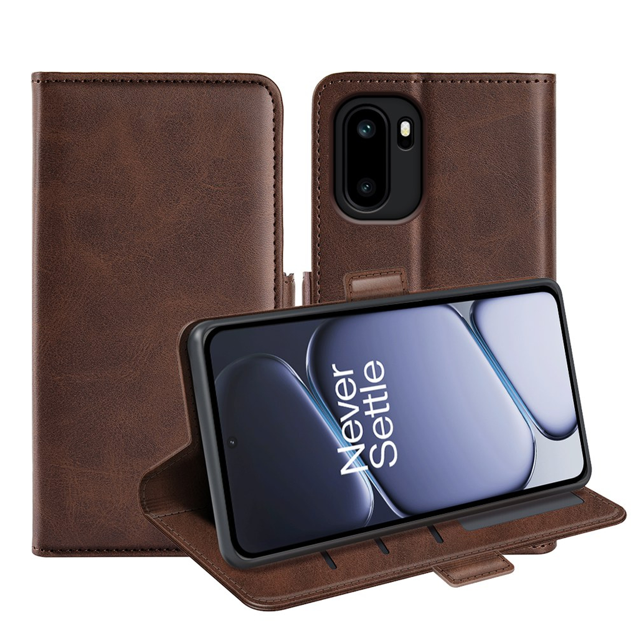 Étui à rabat en cuir marron pour smartphone, sur fond blanc.