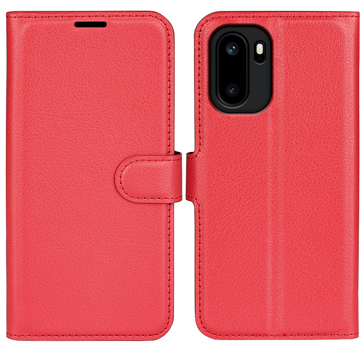 Rode leren flip case voor smartphone met camera-uitsparing.