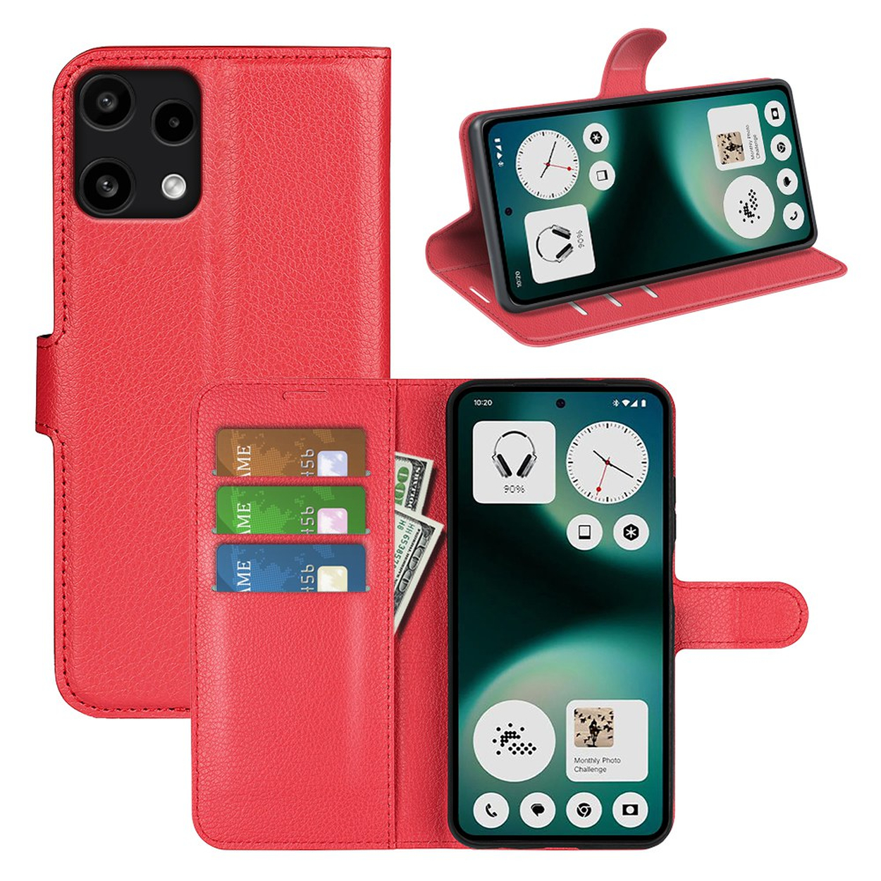 Étui de téléphone rouge avec fentes pour cartes, argent et deux téléphones.