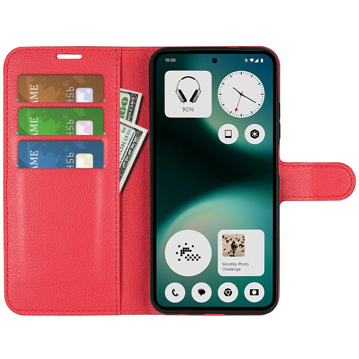 Portefeuille rouge avec téléphone, cartes et argent.