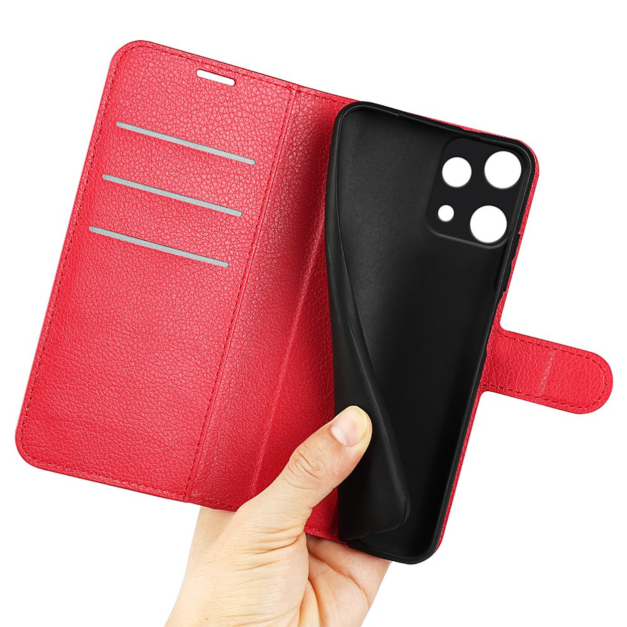 Étui portefeuille rouge en cuir avec intérieur noir et fentes.
