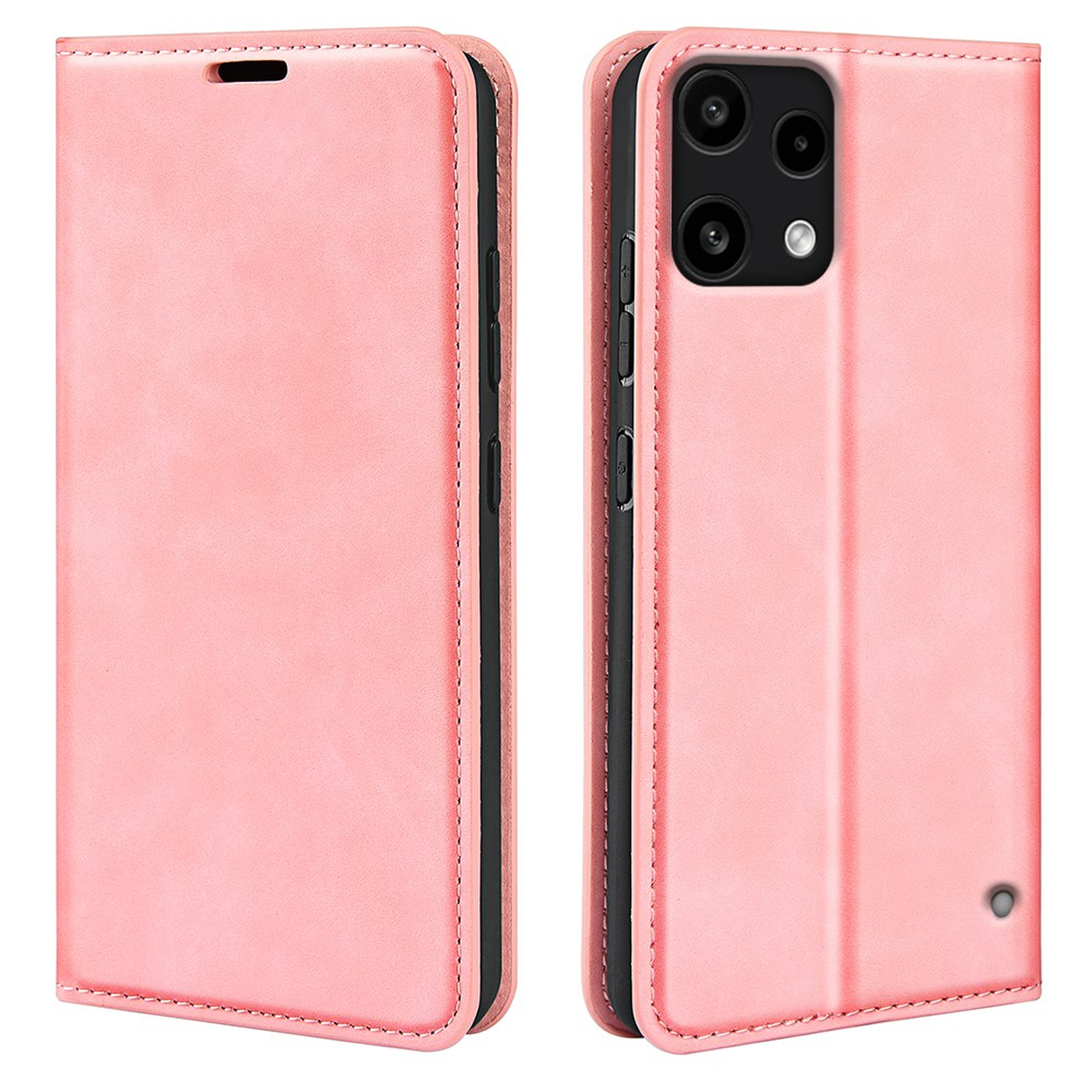 Roze leren telefoonhoesje, open, met cameramodule aan de rechterkant.