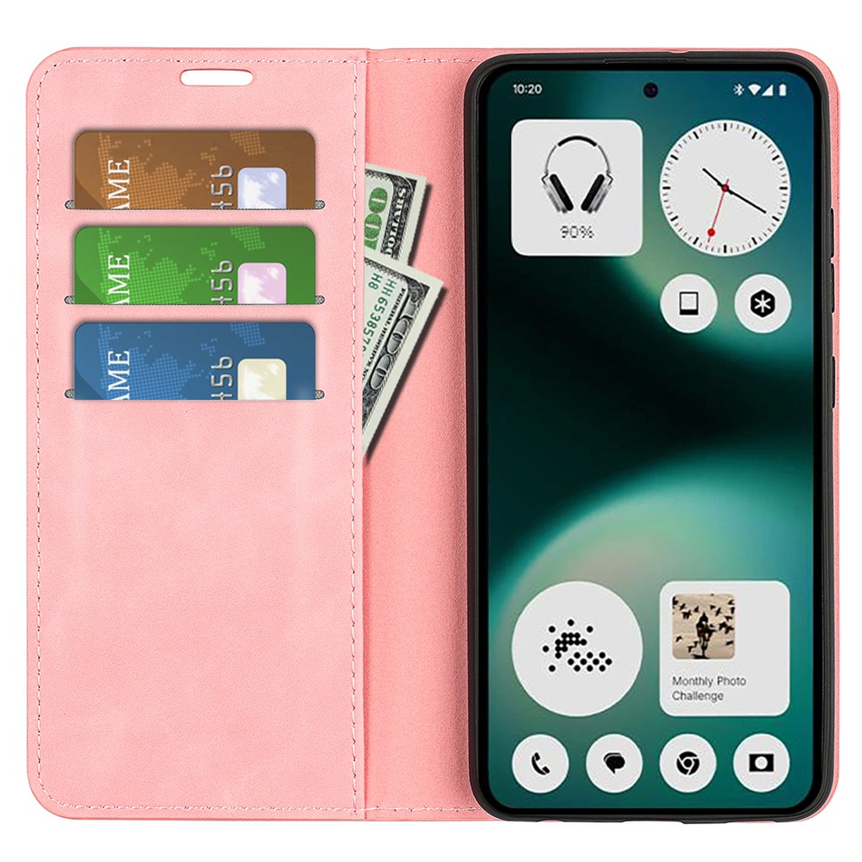 Een roze flipcase met drie kaartsleuven en contant geld, naast een smartphone.