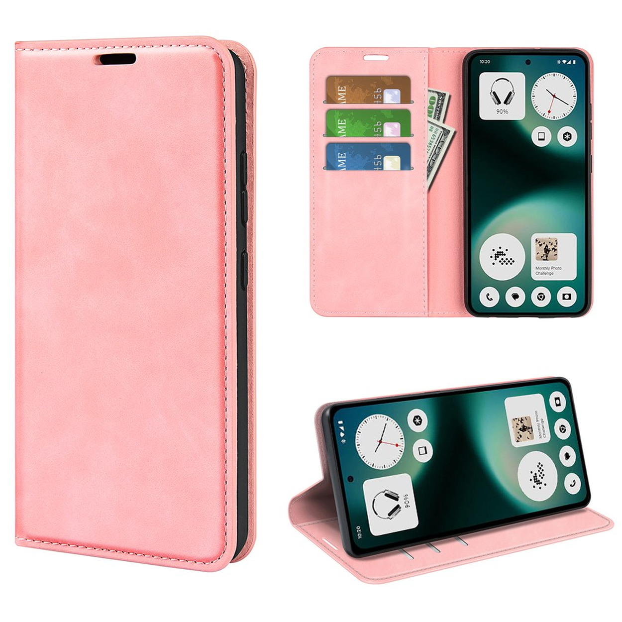 Roze telefoonhoes met kaartsleuven, contant geld en telefoon met klok en foto's.