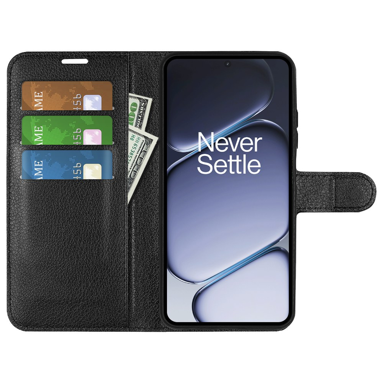Zwarte leren portemonnee hoes voor telefoon met creditcards en dollars.