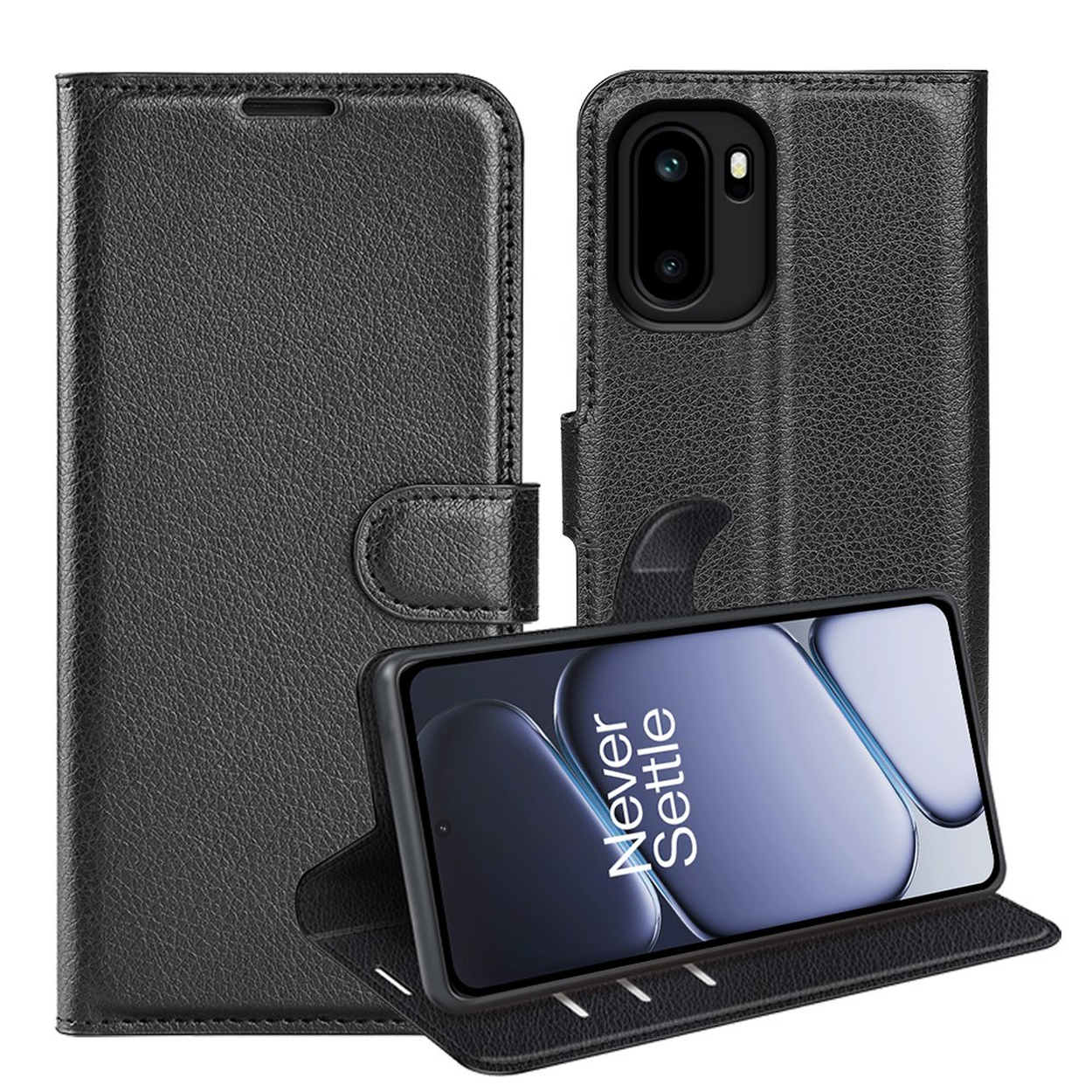 Zwarte leren telefoonhoes open, toont telefoon met 'Never Settle' tekst.