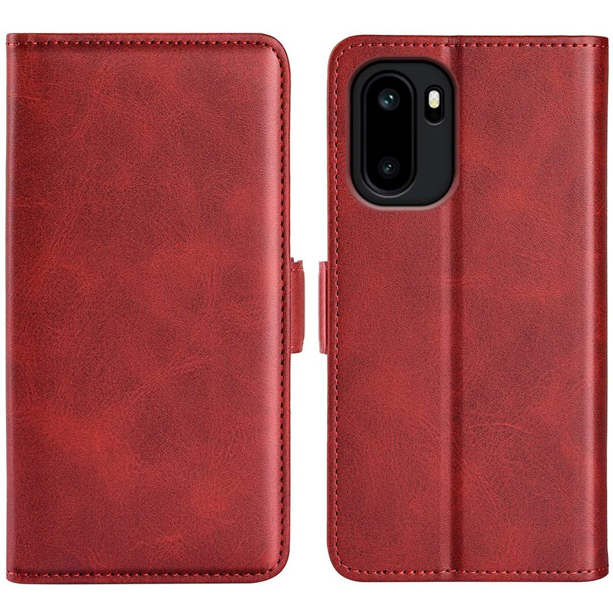 Étui à rabat rouge en cuir pour téléphone avec découpe caméra.