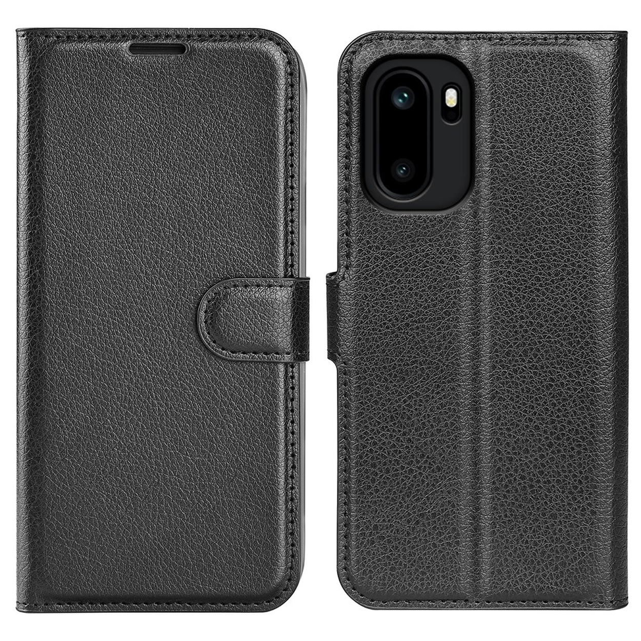 Zwarte leren telefoonhoes met camera-uitsparingen en magneetsluiting.