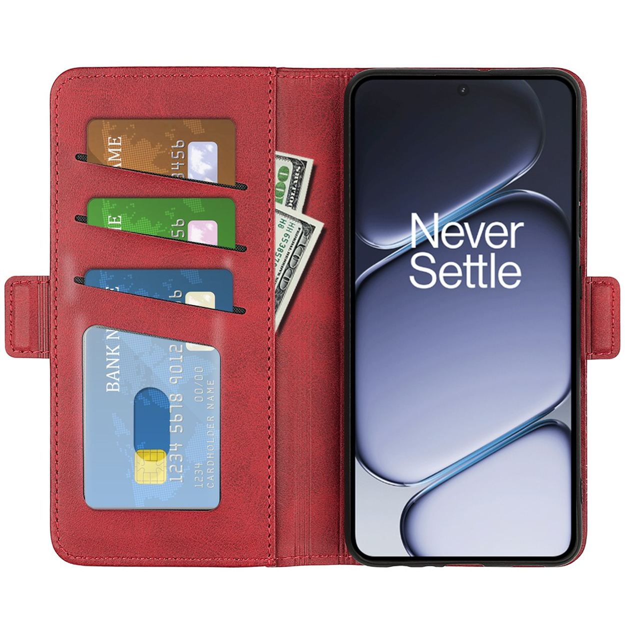 Portefeuille rouge avec emplacement pour téléphone, fentes pour cartes et billets.