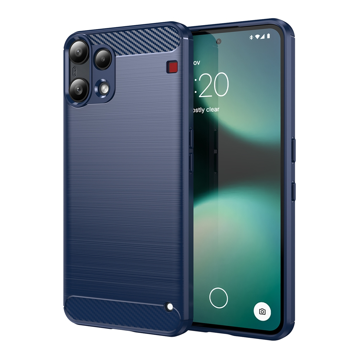 Coque de téléphone bleu foncé avec accents carbone et module caméra. Affiche 1:20.