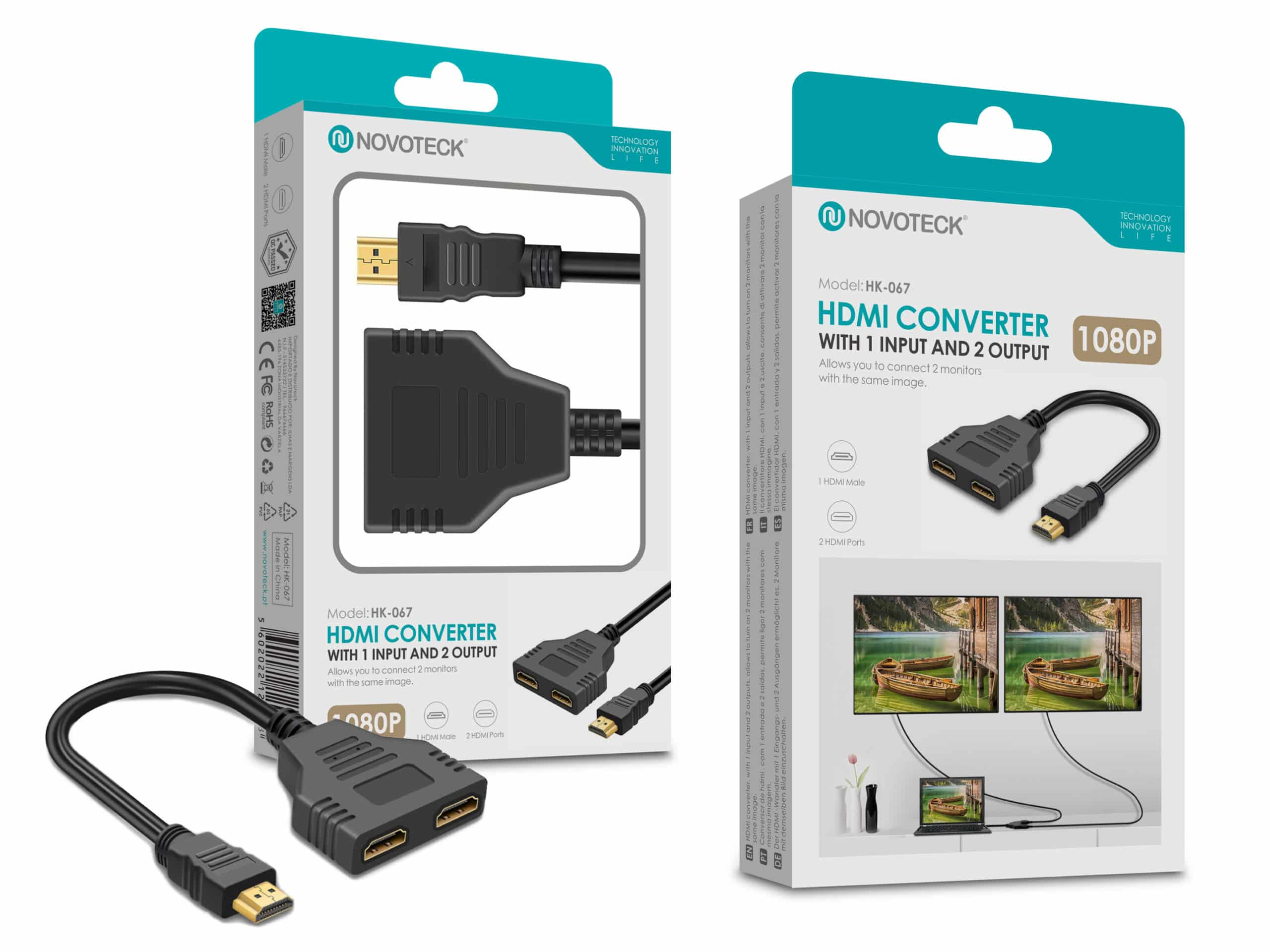 Divisor HDMI Novoteck: 1 entrada, 2 salidas, 1080p. Permite conectar 2 monitores.