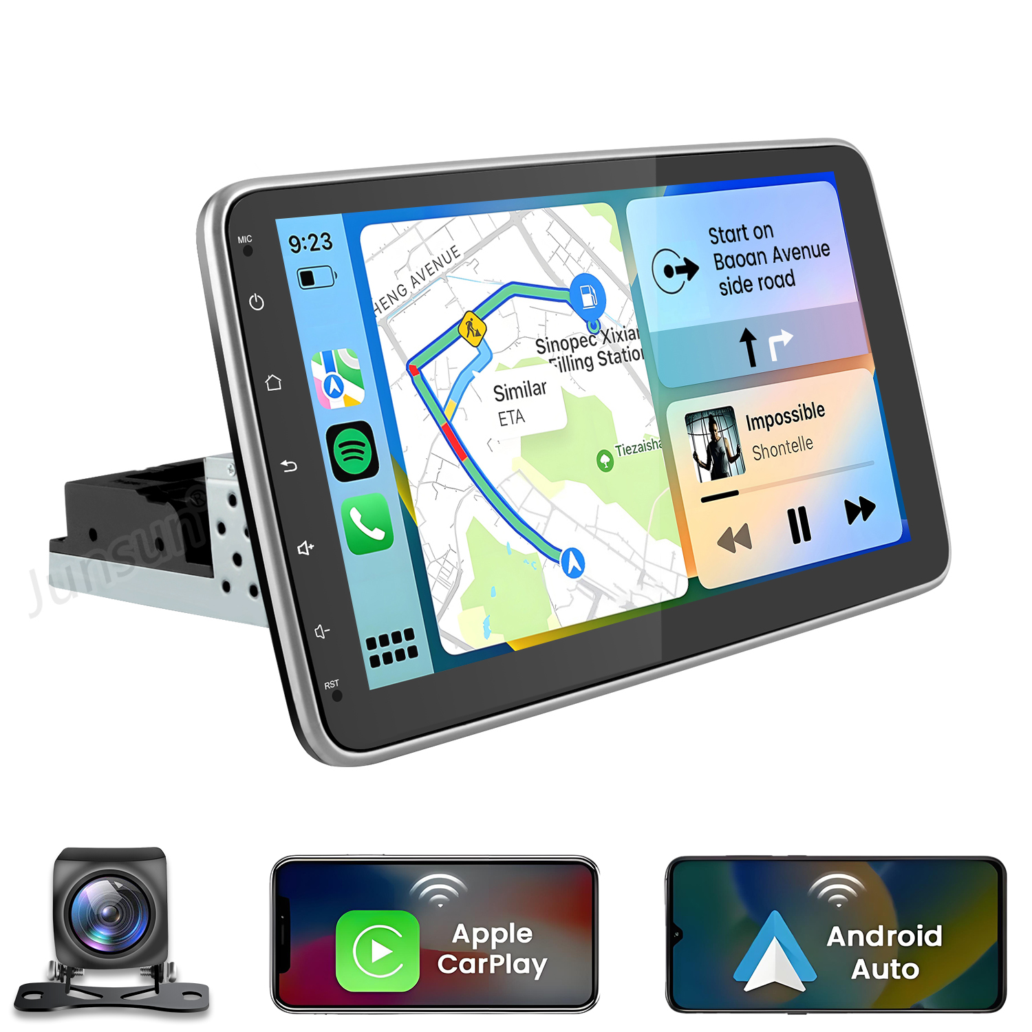 Autoradio con navigazione, telecamera posteriore, Apple CarPlay e display Android Auto.