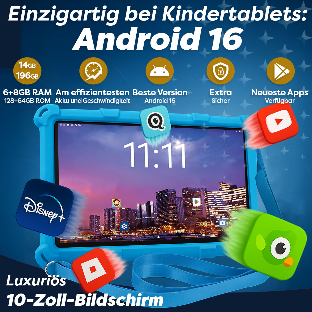 Blaues Tablet mit Android 16, Disney+ und YouTube-Symbolen.